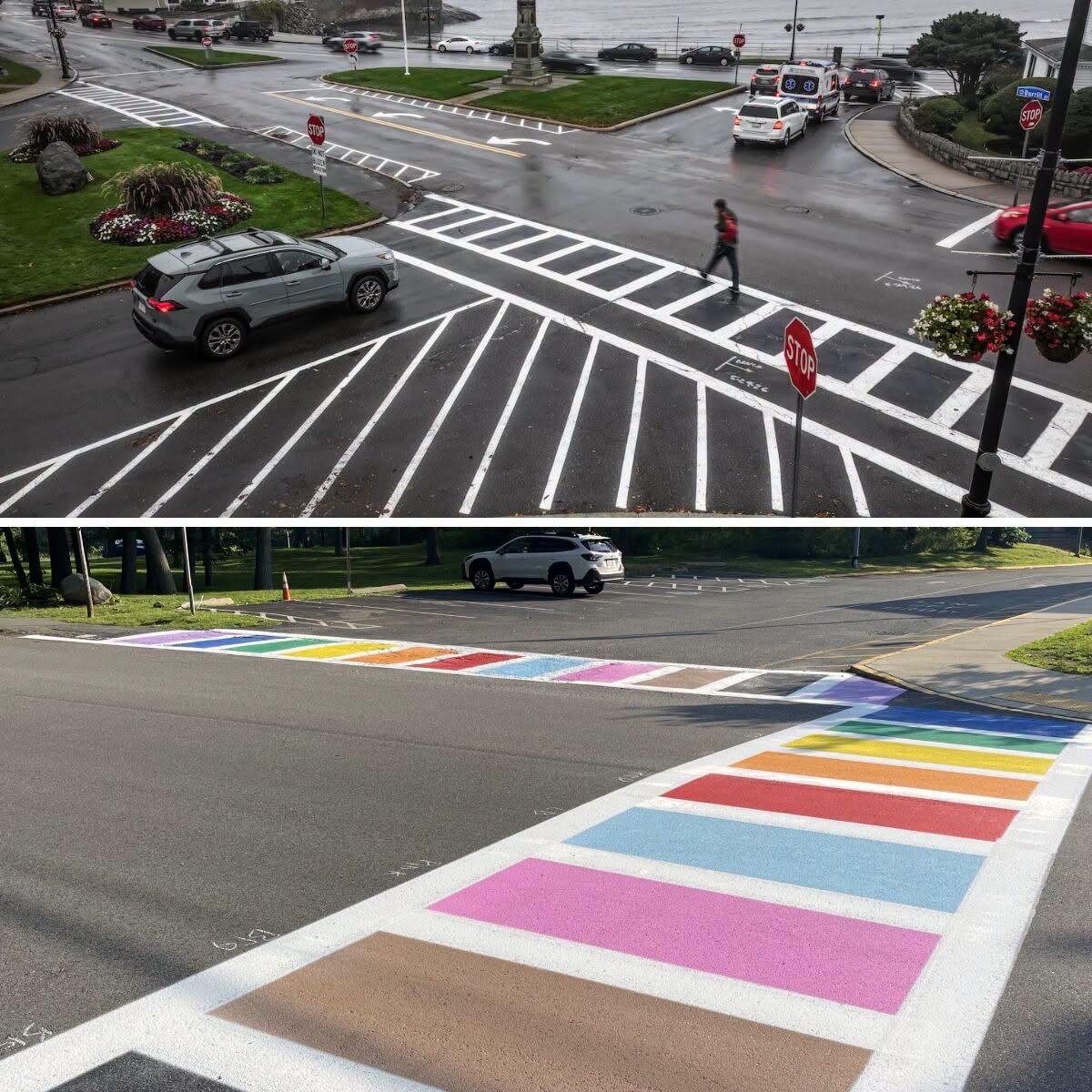 Black-and-white crosswalk compared with rainbow Pride crosswalk